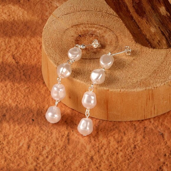 Silver Baroque Pearl Drop Dangle Long Tassel Wedding Bridal Earrings for Women - Picture 5 of 6